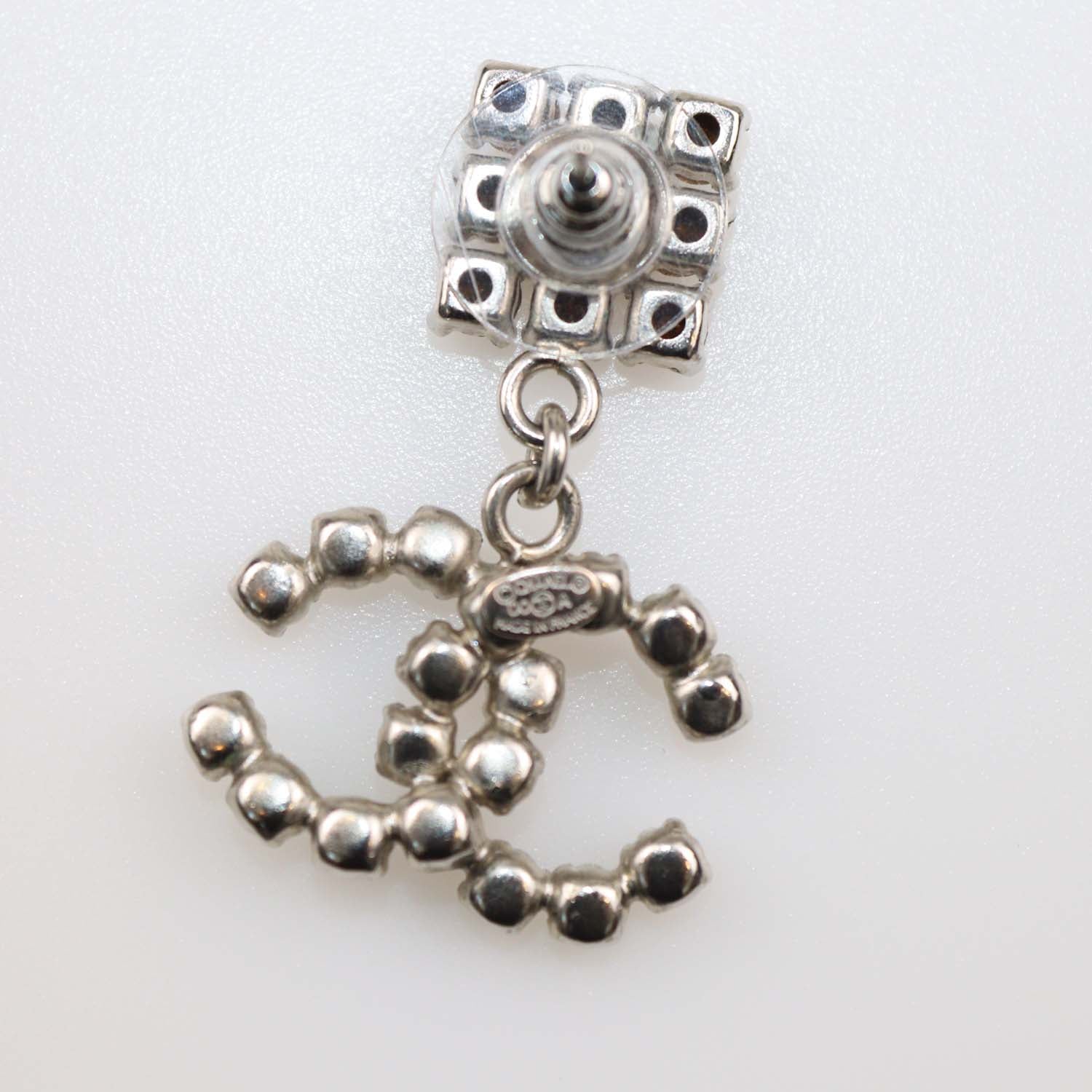 Chanel Silver Tone CC Crystal Brass Drop Push Back Earrings