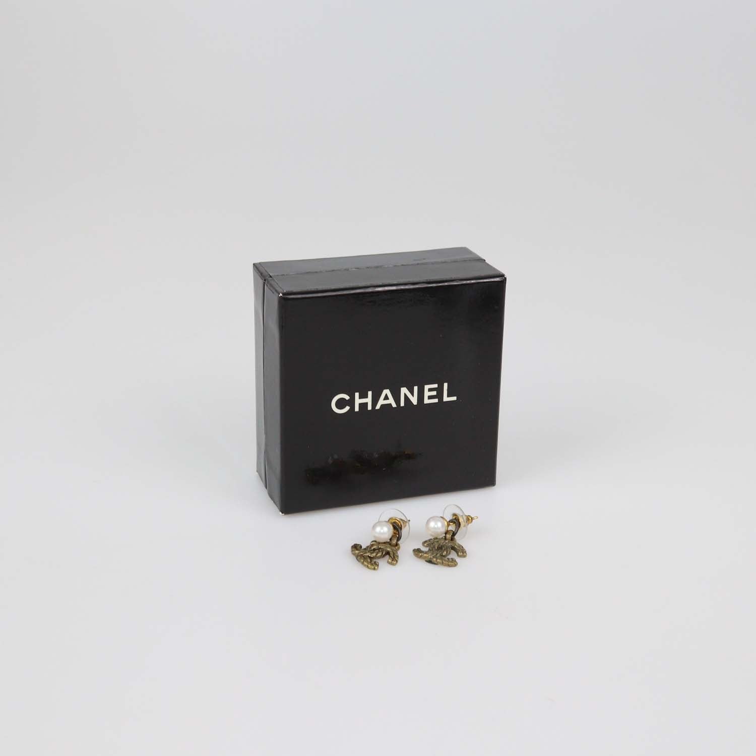 Chanel Gold Plated CC Faux Pearl Rope Drop Push Back Earrings