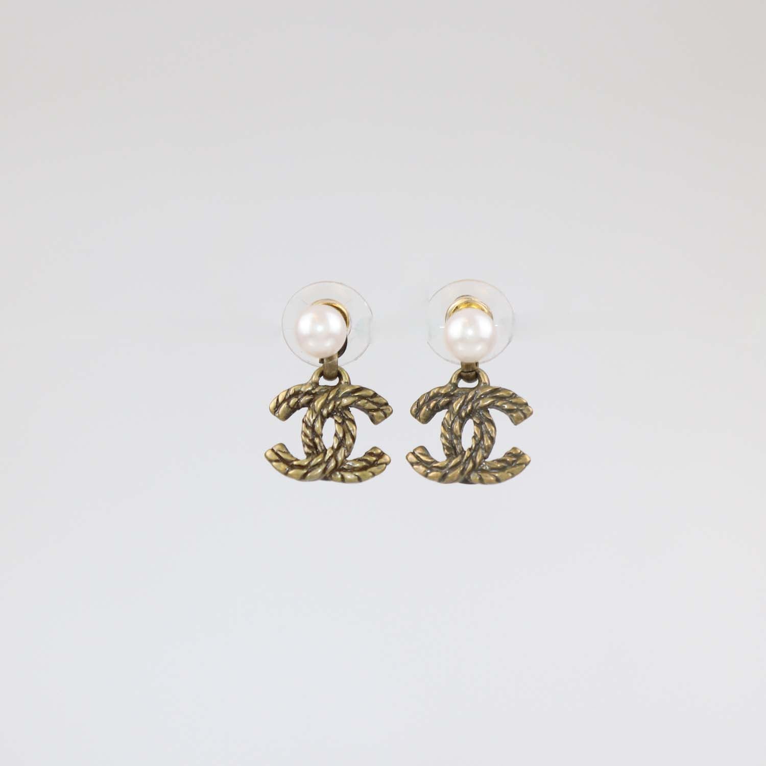 Chanel Gold Plated CC Faux Pearl Rope Drop Push Back Earrings