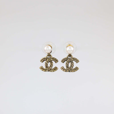 Chanel Gold Plated CC Faux Pearl Rope Drop Push Back Earrings