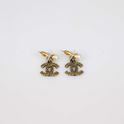 Chanel Gold Plated CC Faux Pearl Rope Drop Push Back Earrings