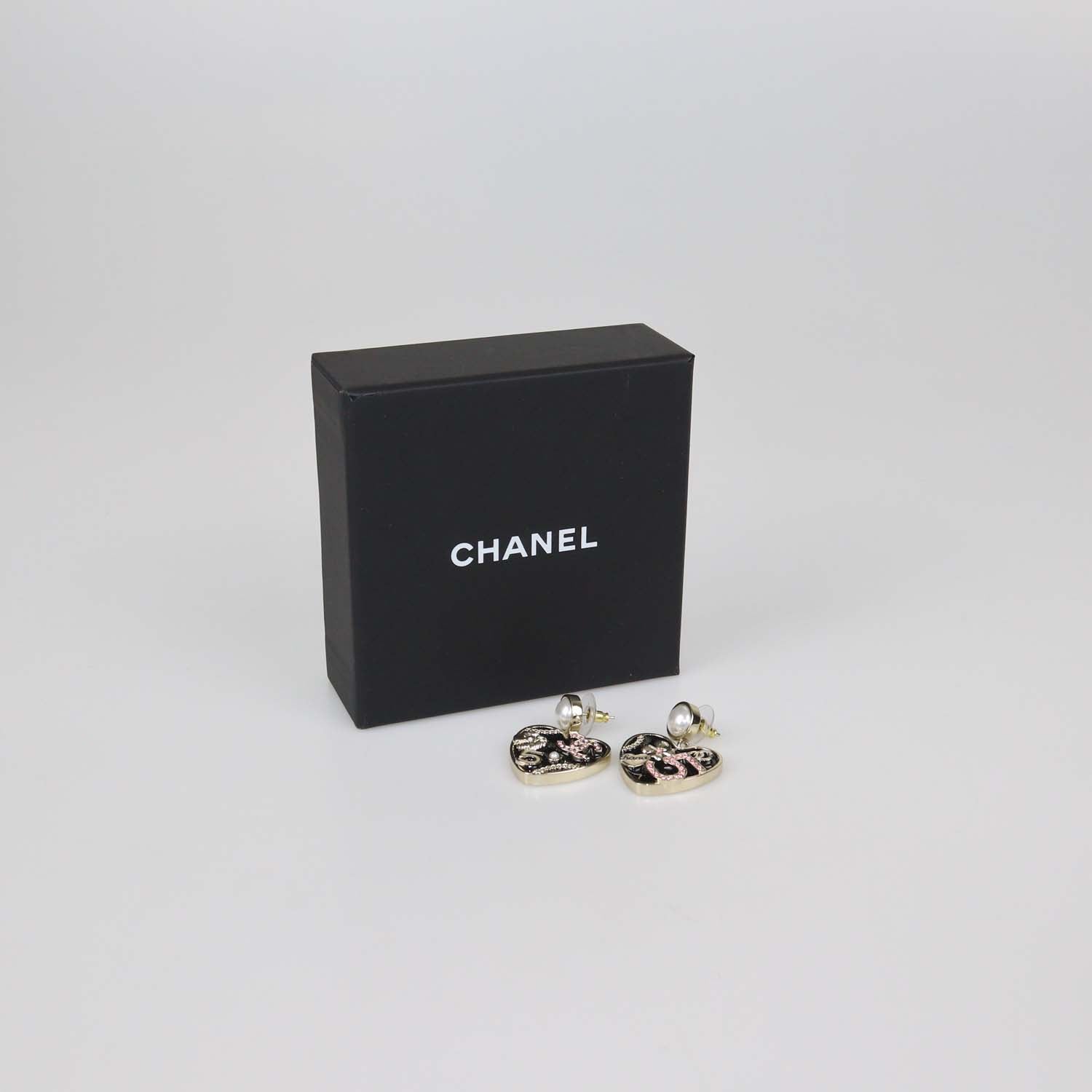 Chanel Black, Gold Plated CC and Camellia Faux Pearl and Resin Heart Drop Earrings