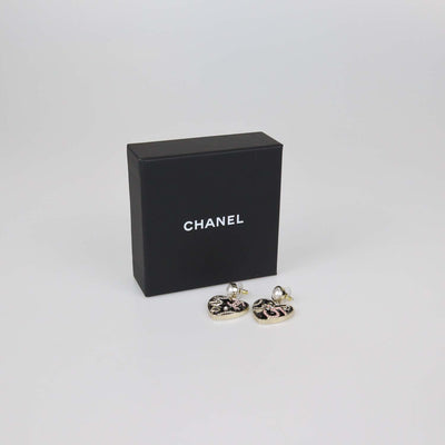 Chanel Black, Gold Plated CC and Camellia Faux Pearl and Resin Heart Drop Earrings