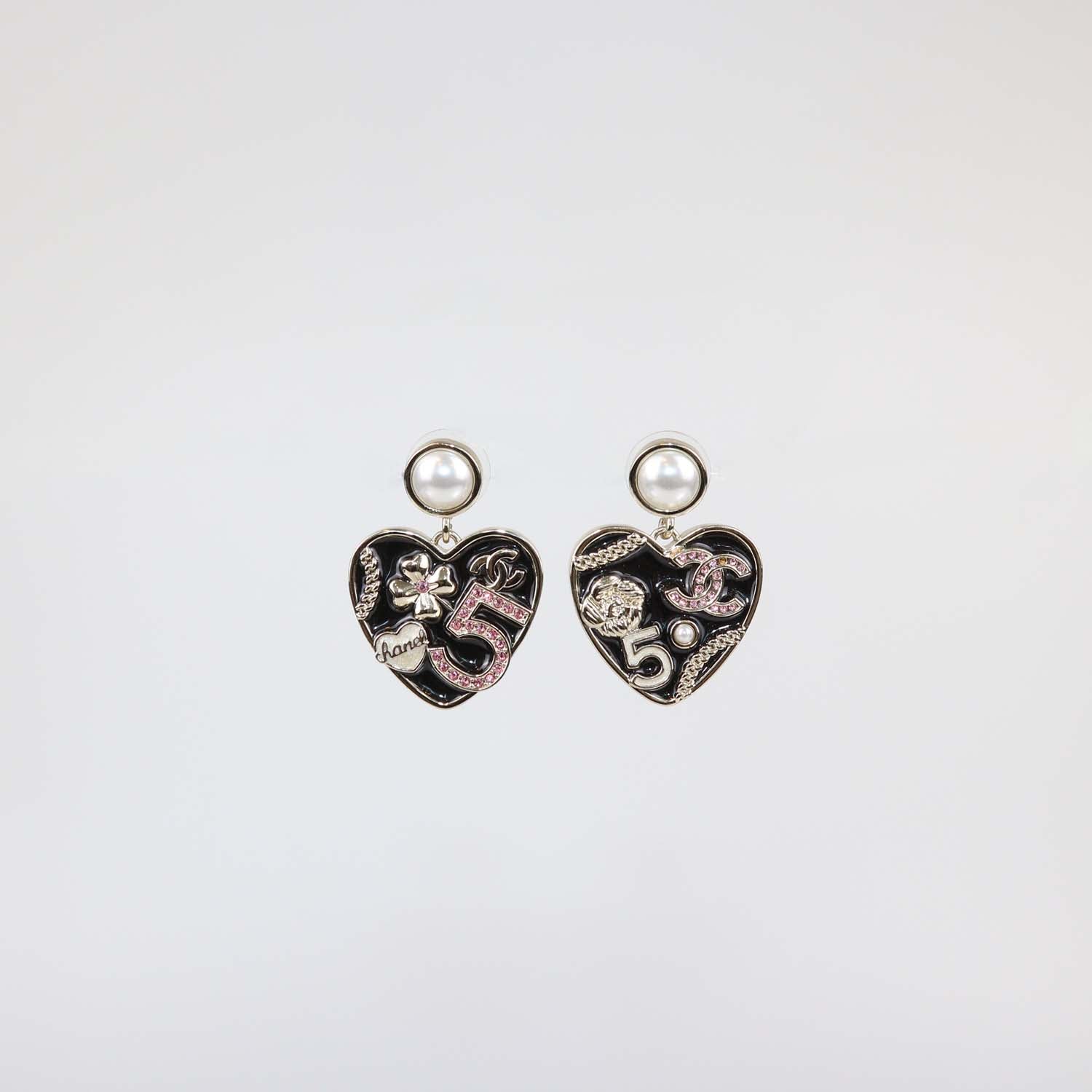Chanel Black, Gold Plated CC and Camellia Faux Pearl and Resin Heart Drop Earrings