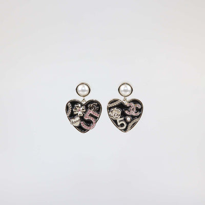Chanel Black, Gold Plated CC and Camellia Faux Pearl and Resin Heart Drop Earrings