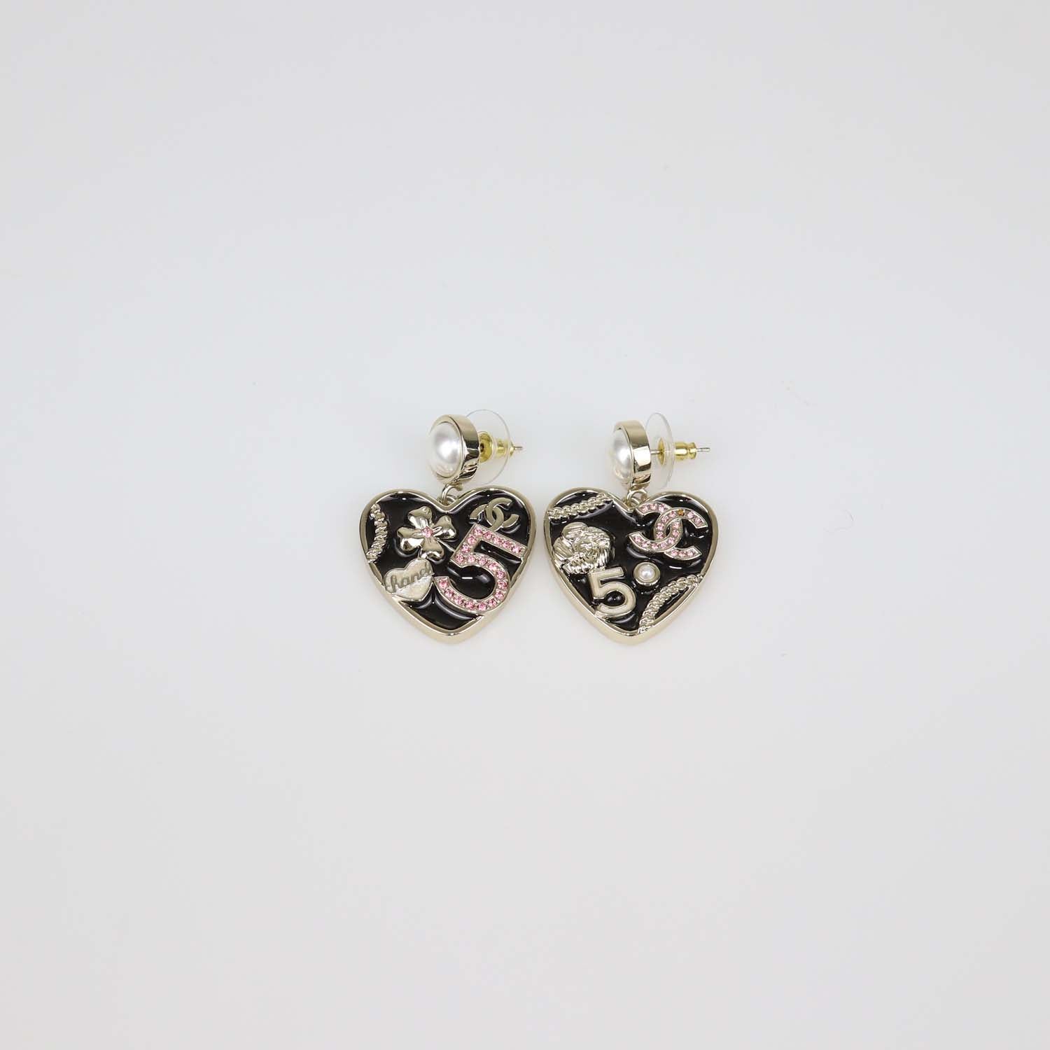 Chanel Black, Gold Plated CC and Camellia Faux Pearl and Resin Heart Drop Earrings