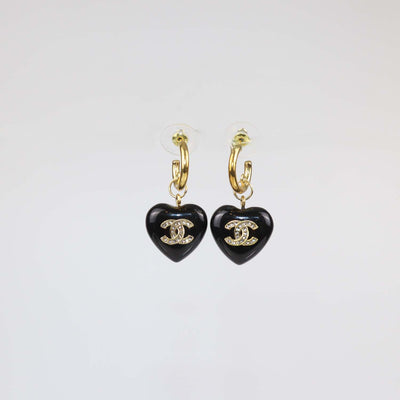 Chanel Black Crystal CC Gold Plated Resin and Strass Heart Drop Push Back Earrings