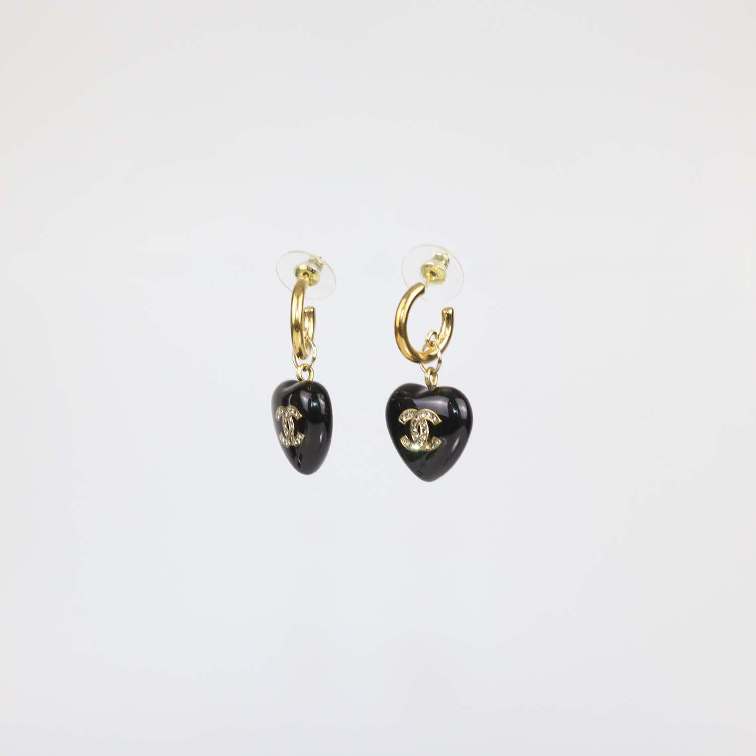Chanel Black Crystal CC Gold Plated Resin and Strass Heart Drop Push Back Earrings