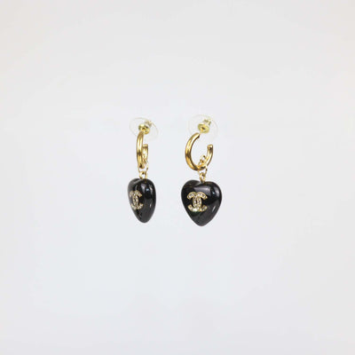 Chanel Black Crystal CC Gold Plated Resin and Strass Heart Drop Push Back Earrings