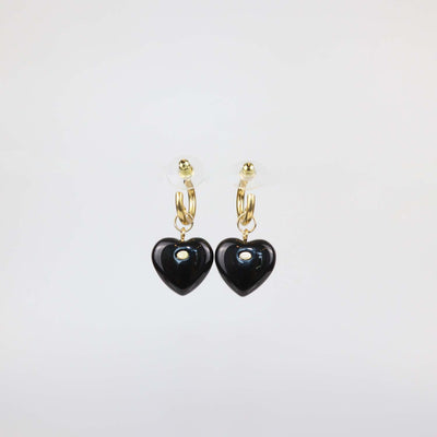 Chanel Black Crystal CC Gold Plated Resin and Strass Heart Drop Push Back Earrings