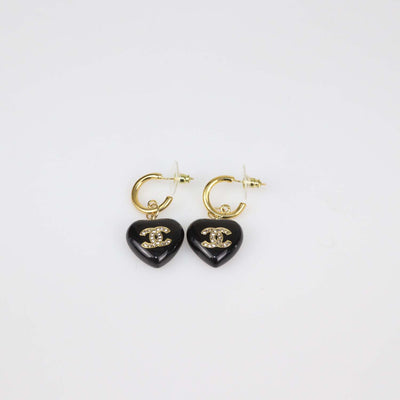 Chanel Black Crystal CC Gold Plated Resin and Strass Heart Drop Push Back Earrings