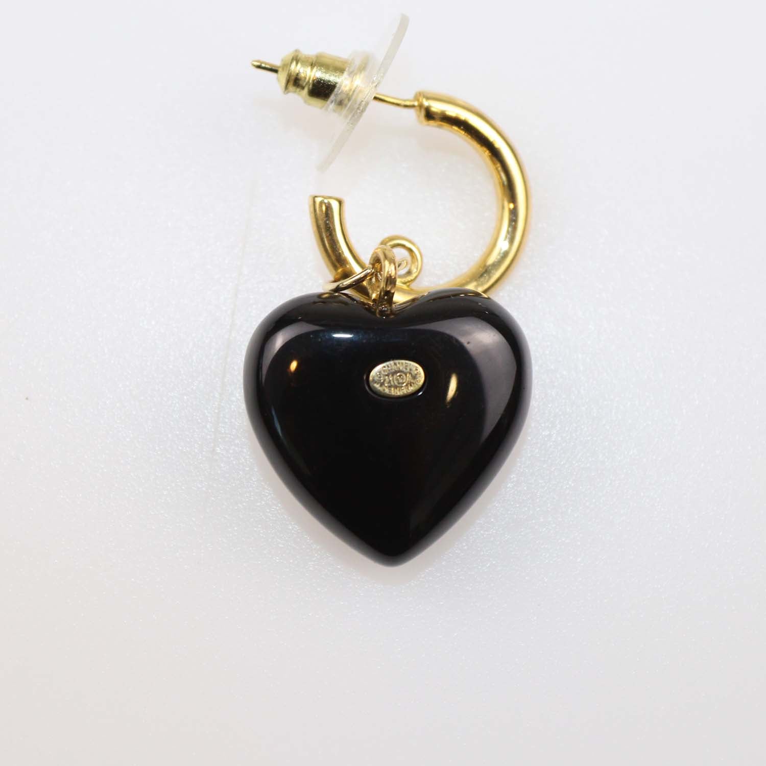 Chanel Black Crystal CC Gold Plated Resin and Strass Heart Drop Push Back Earrings