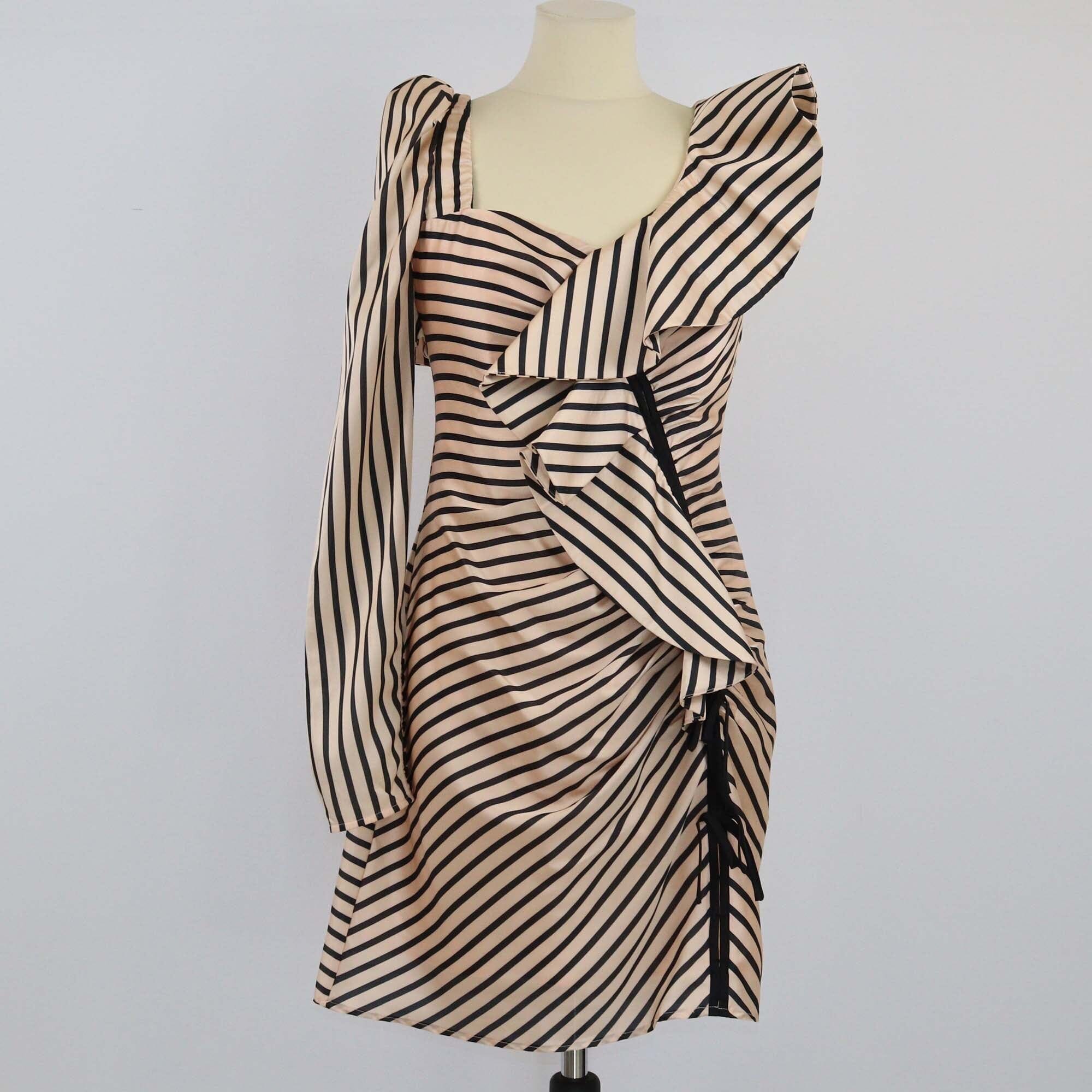 Self-Portrait Beige/Black Abstract Striped One Shoulder Mini Dress