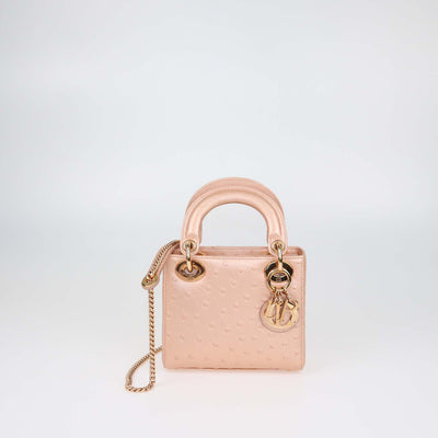 Christian Dior Metallic Pink Ostrich Mini Lady Dior Tote
