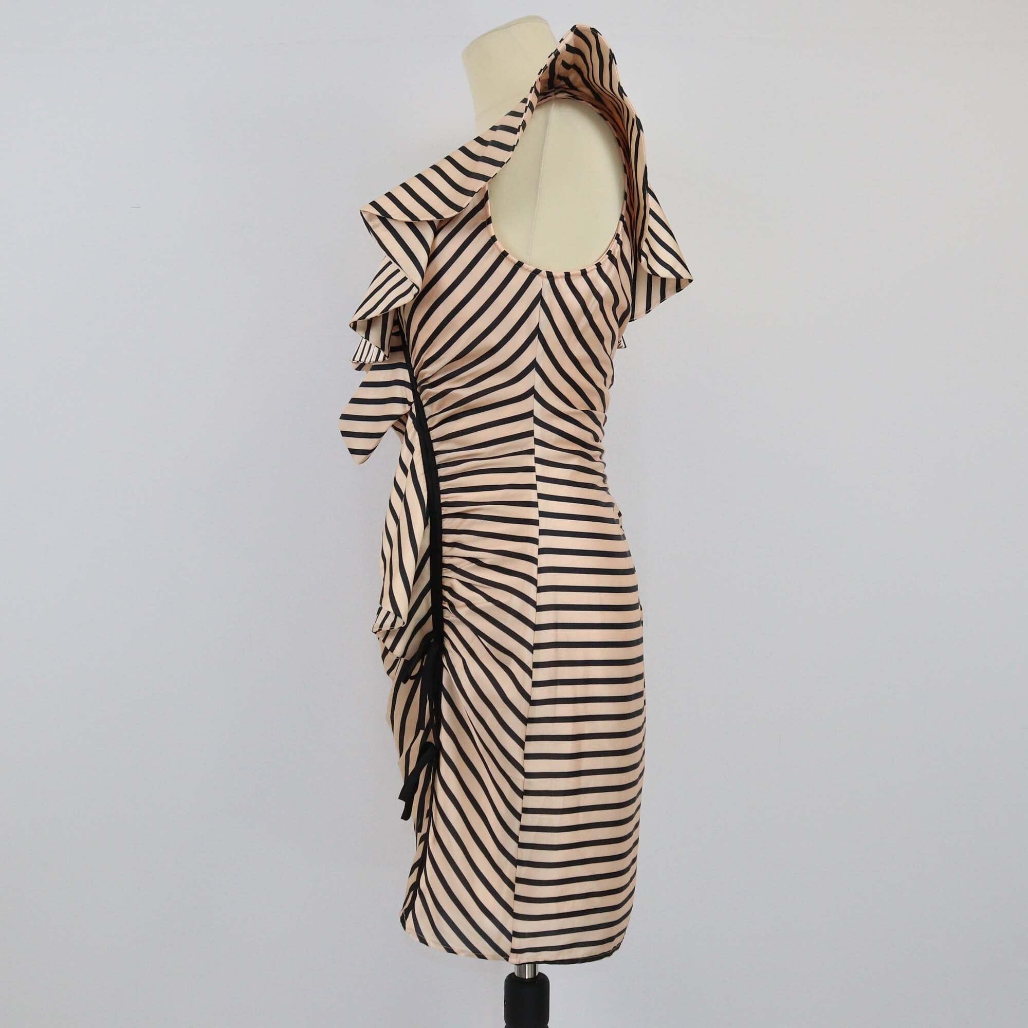 Self-Portrait Beige/Black Abstract Striped One Shoulder Mini Dress