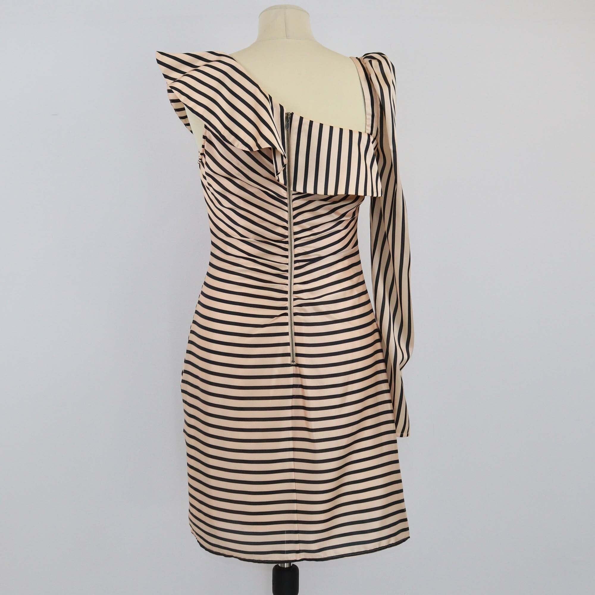 Self-Portrait Beige/Black Abstract Striped One Shoulder Mini Dress Womens Self-Portrait 