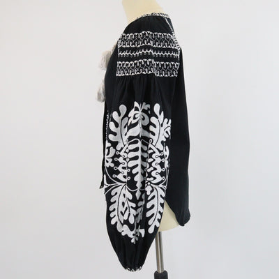 March II Black Embroidered Tassel Tie Blouse Womens March II 