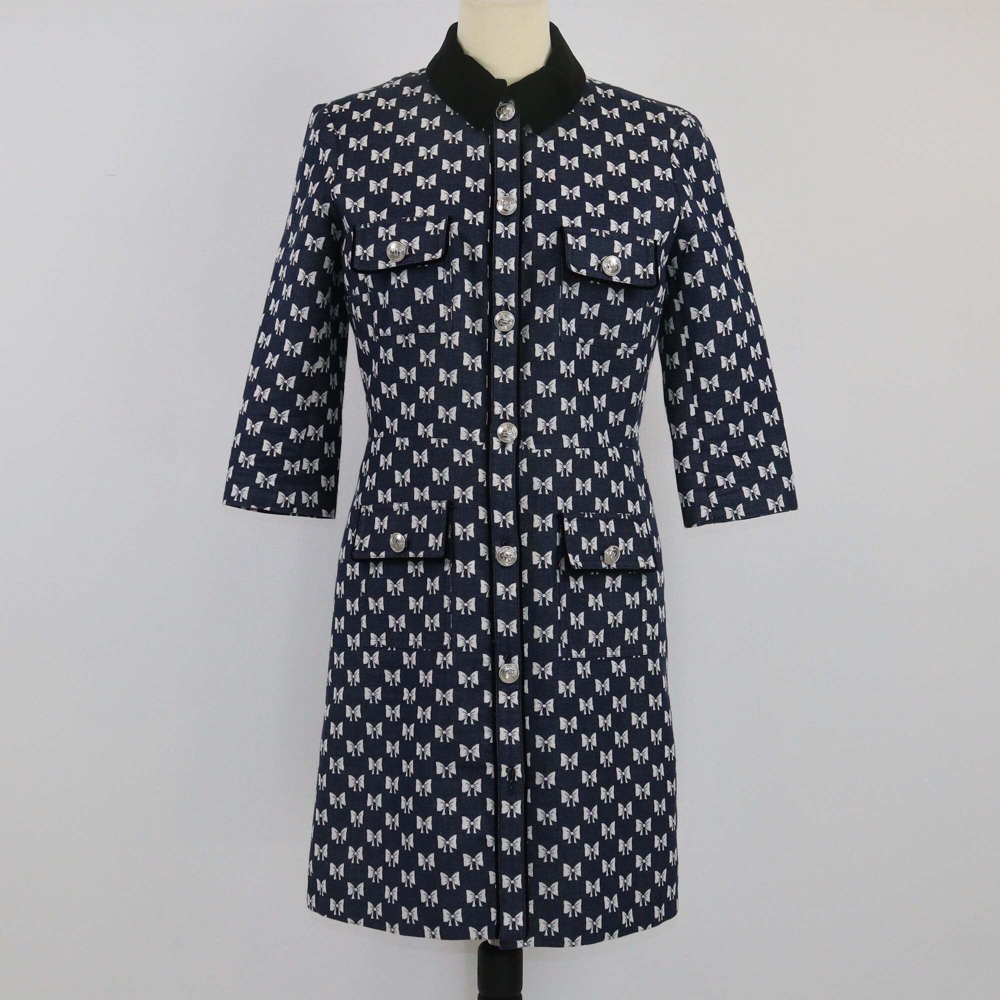 Maje Navy Blue Velvet Collar Bow Printed Shirt Dress