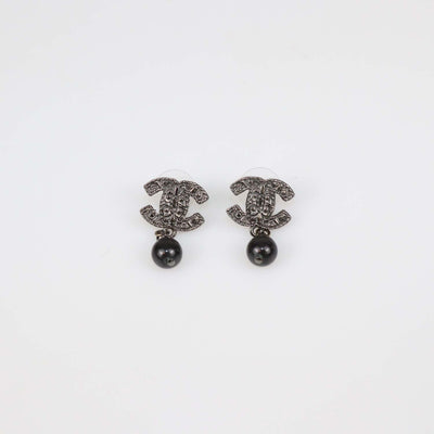 Chanel Black CC Beaded Faux Pearl Drop Push Back Earrings