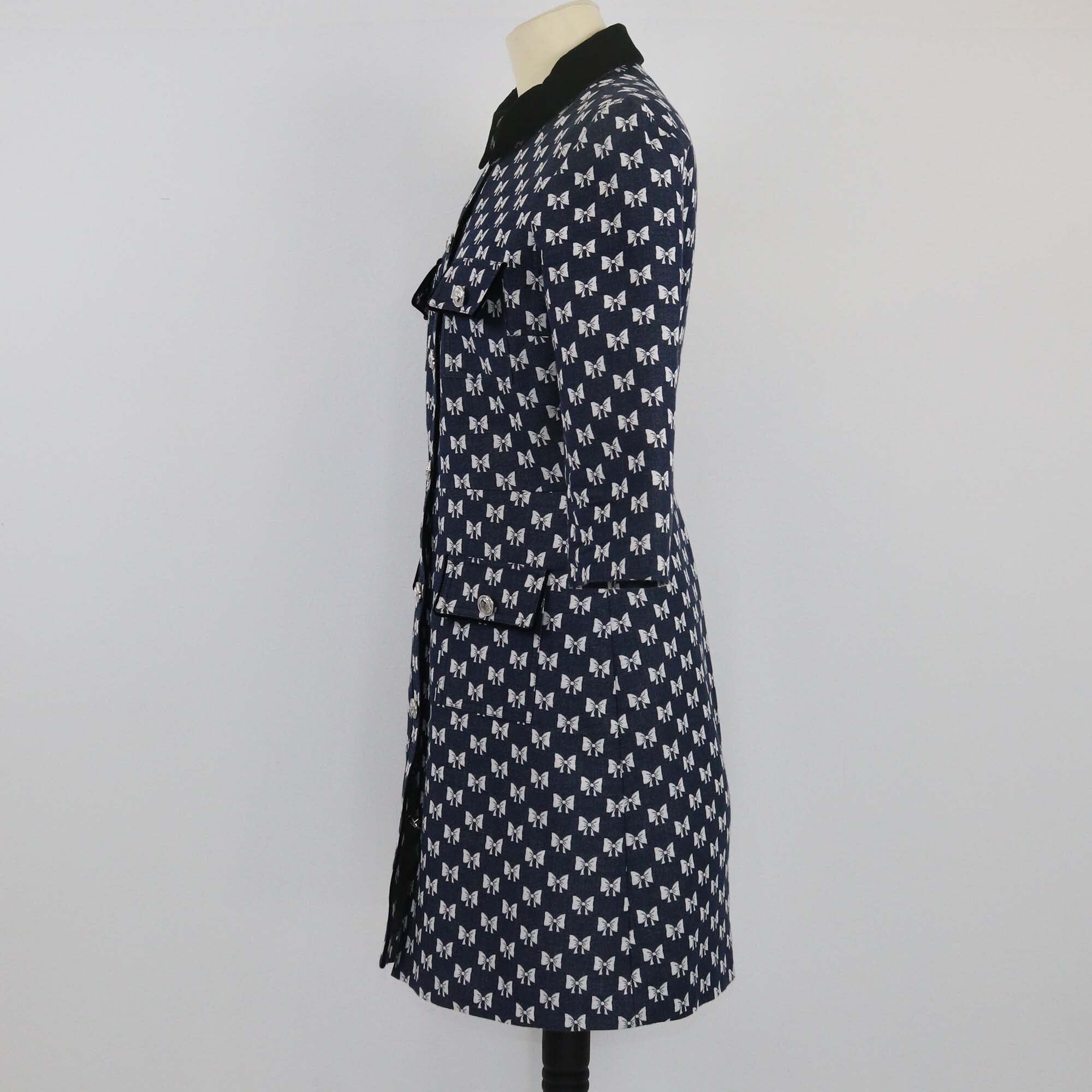 Maje Navy Blue Velvet Collar Bow Printed Shirt Dress