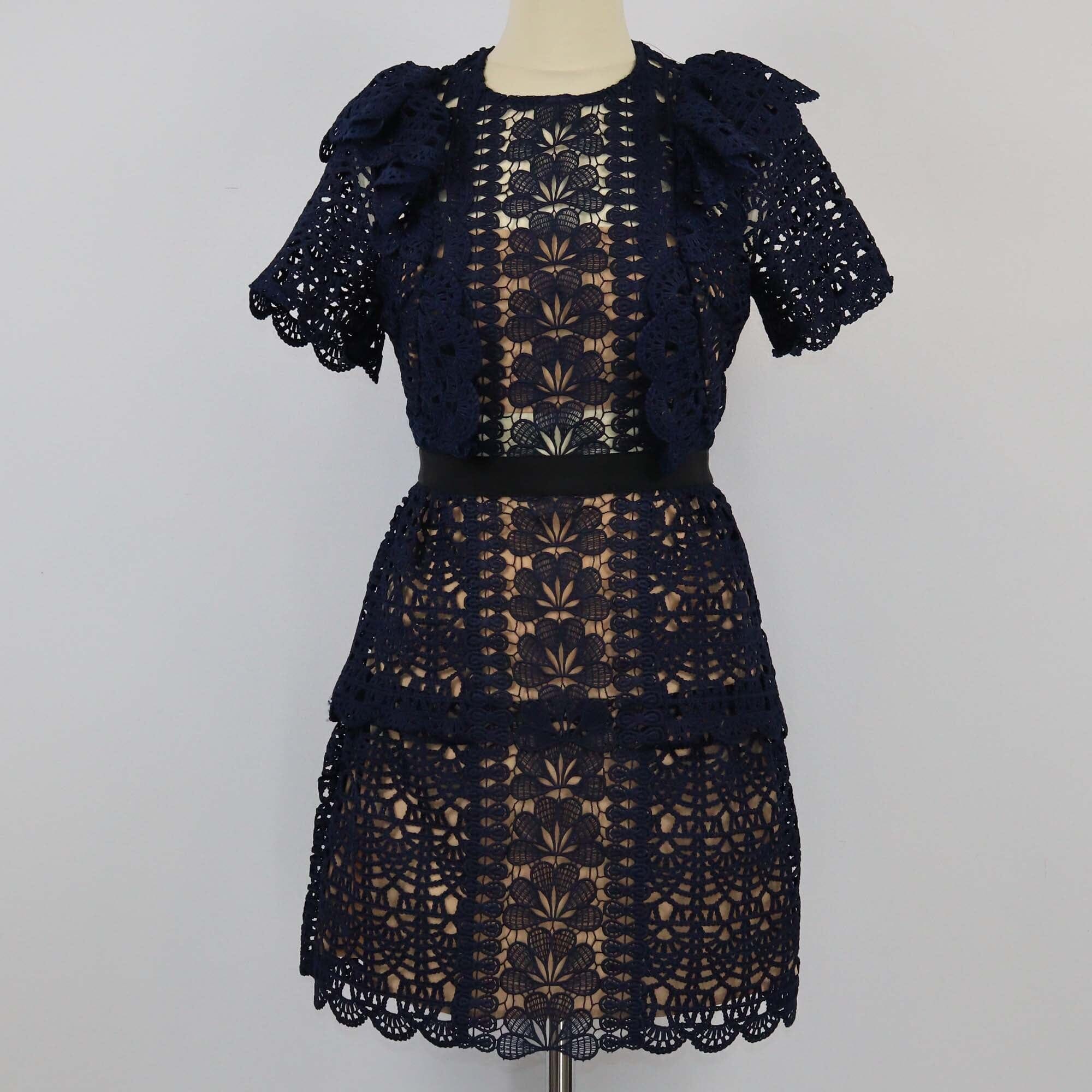 Self-Port Navy Blue Floral Lace Peplum Mini Dress