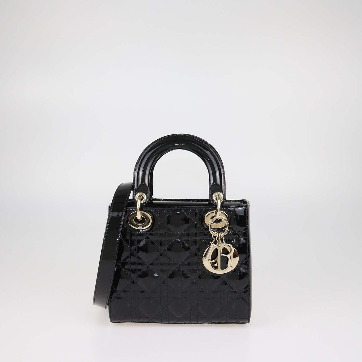Christian Dior Black Cannage Patent Leather Small Lady Dior Tote