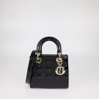 Christian Dior Black Cannage Patent Leather Small Lady Dior Tote