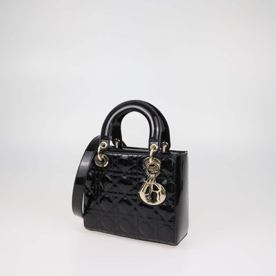 Christian Dior Black Cannage Patent Leather Small Lady Dior Tote