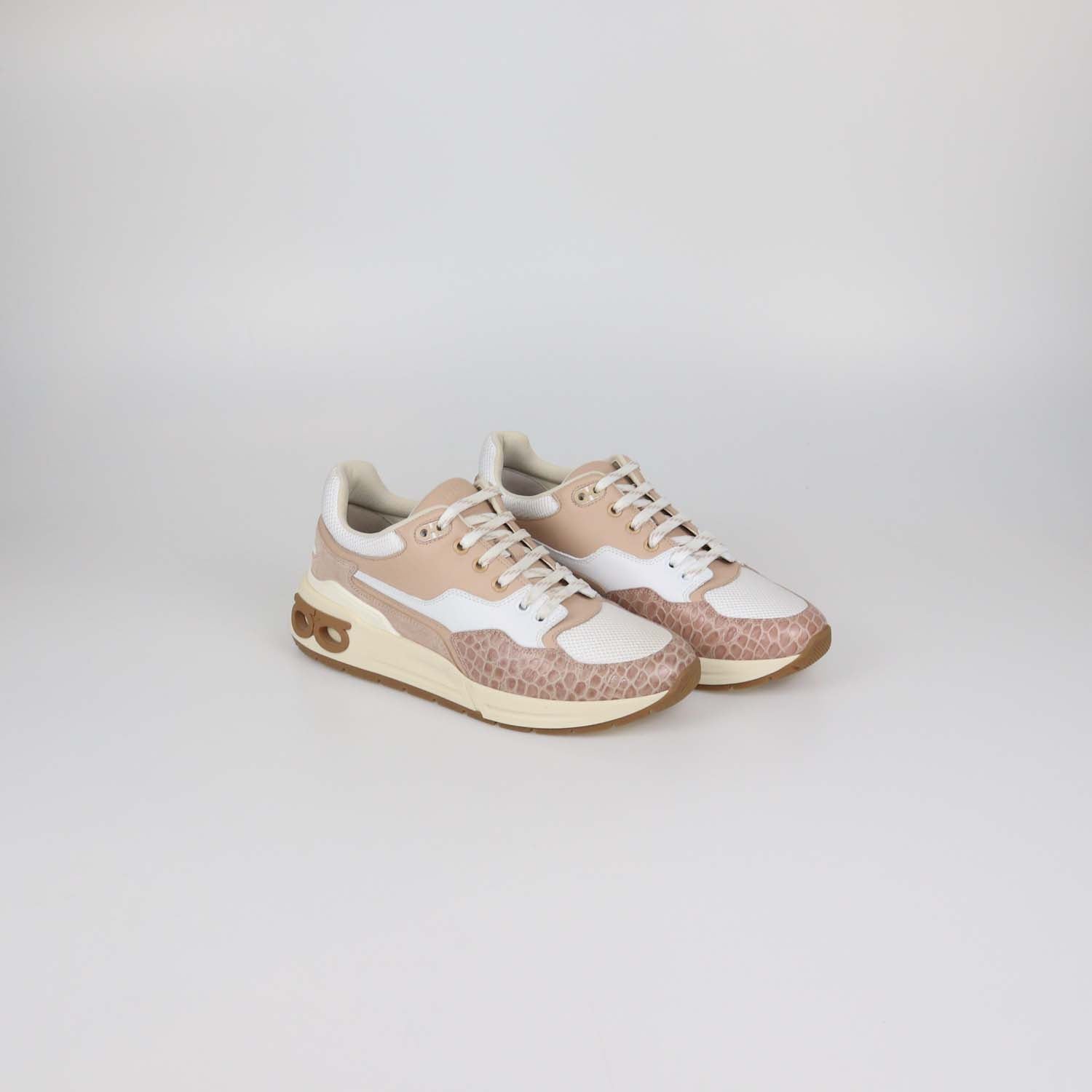 Salvatore Ferragamo Beige/White Leather and Mesh Cosma Low Top Sneakers
