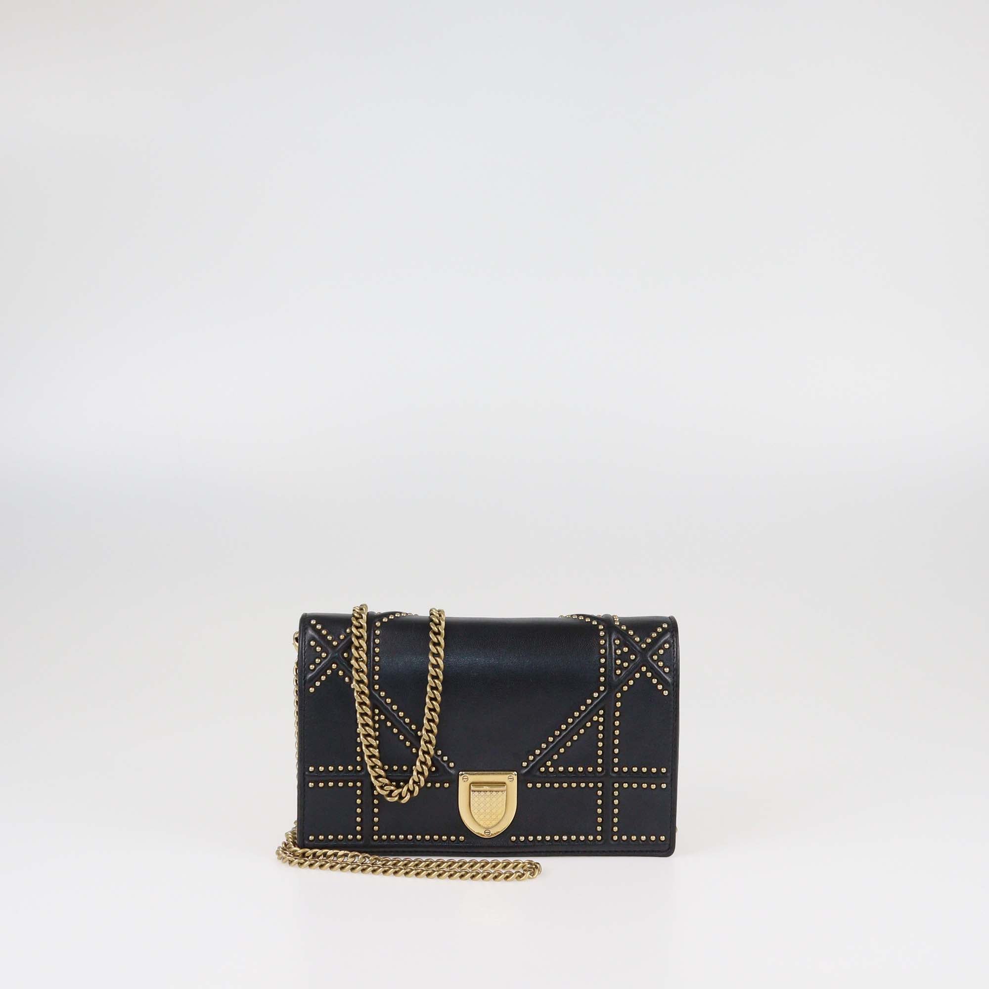 Christian Dior Black Studded Calfskin Diorama Wallet on Chain