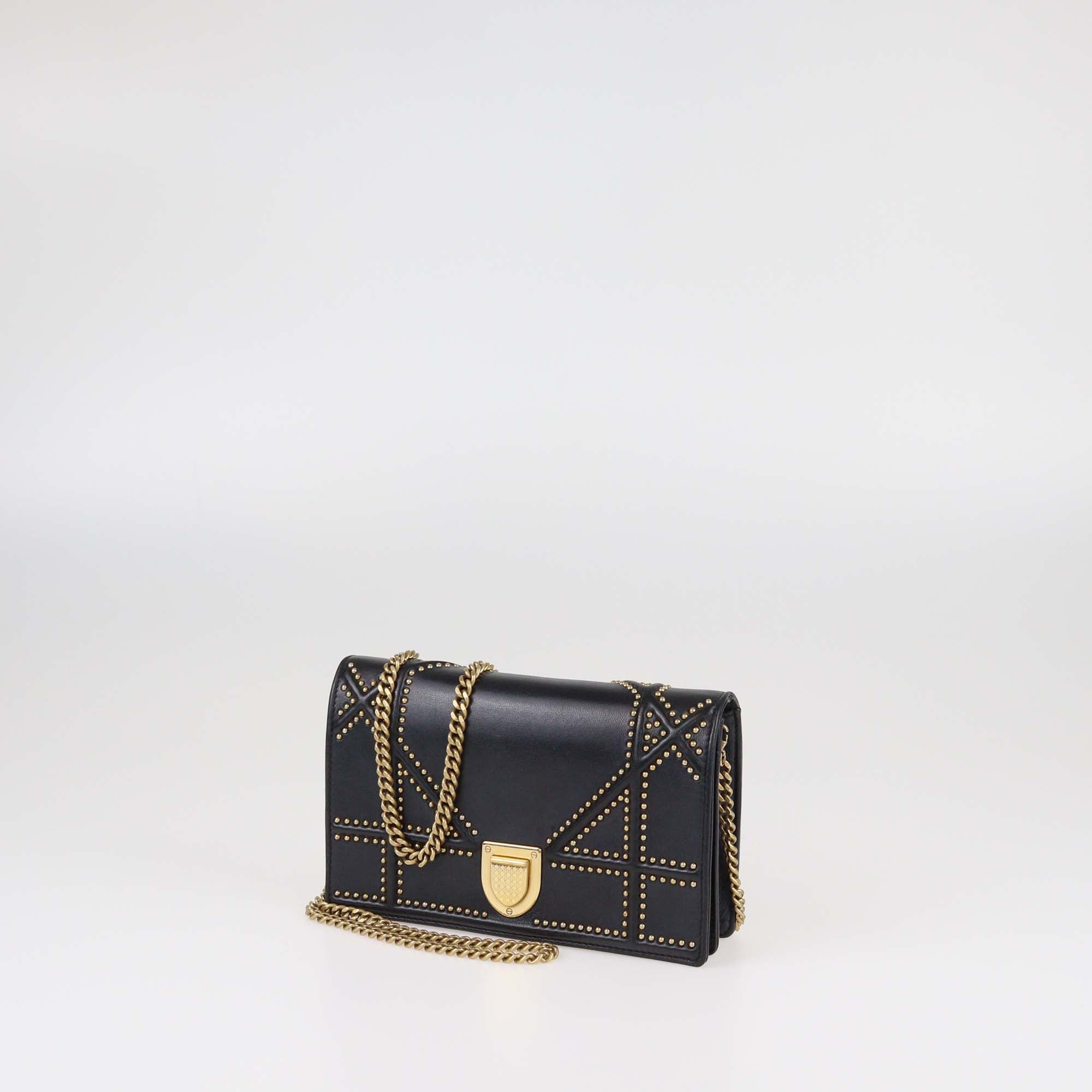 Christian Dior Black Studded Calfskin Diorama Wallet on Chain