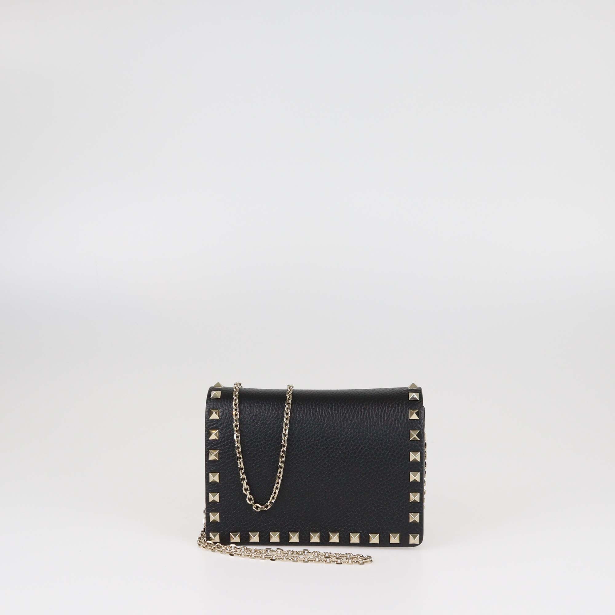 Valentino Black Pebbled Calfskin Rockstud Chain Wallet