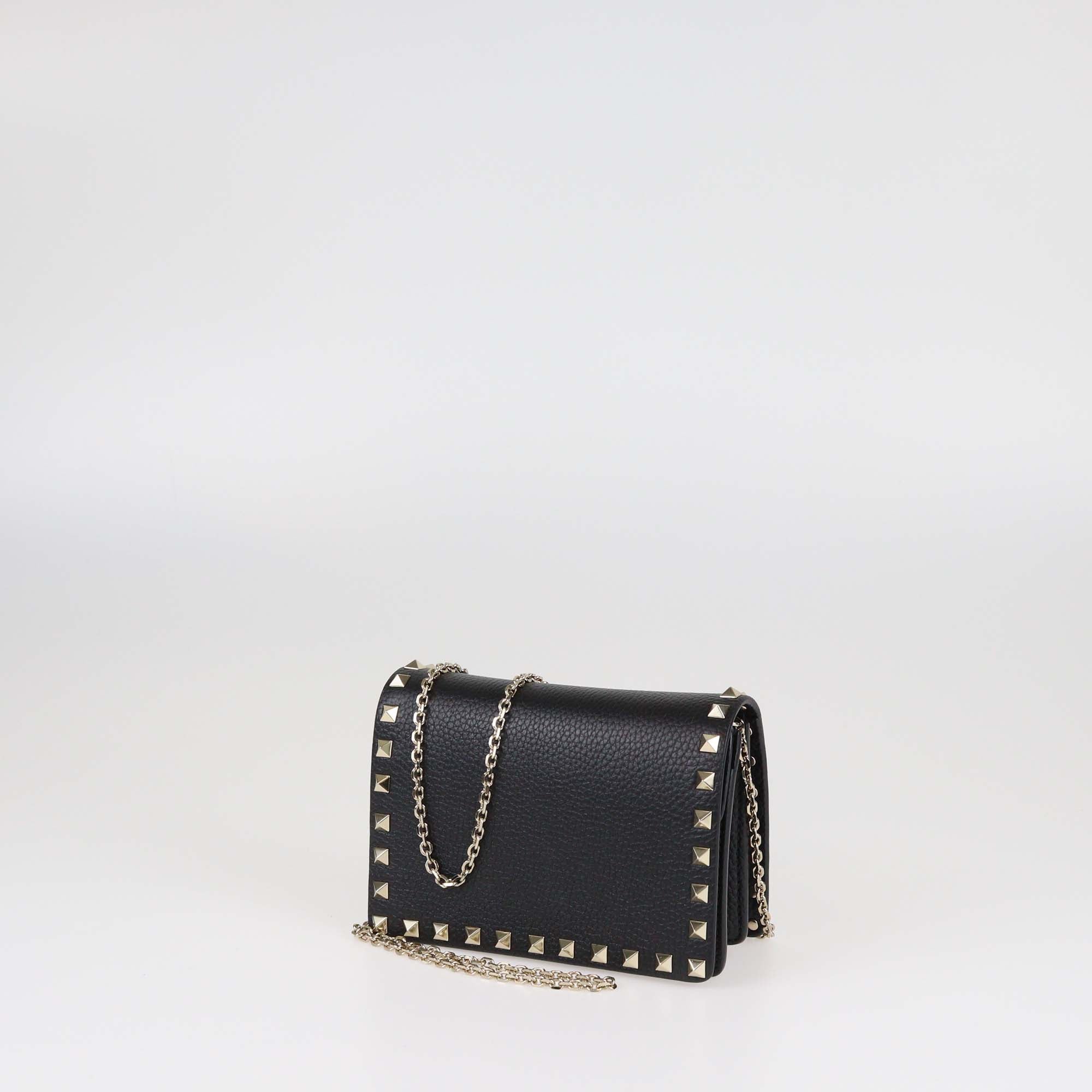 Valentino Black Pebbled Calfskin Rockstud Chain Wallet
