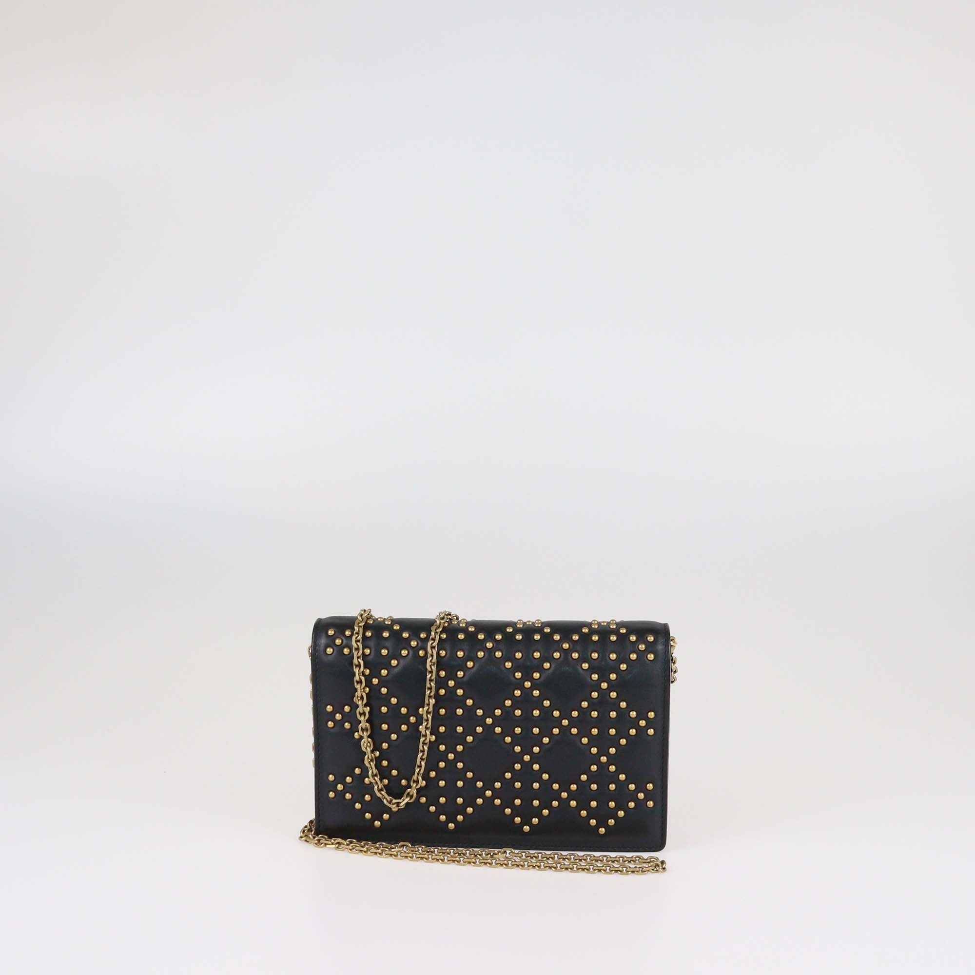 Christian Dior Black Studded Calfskin Cannage Lady Dior Wallet on Chain
