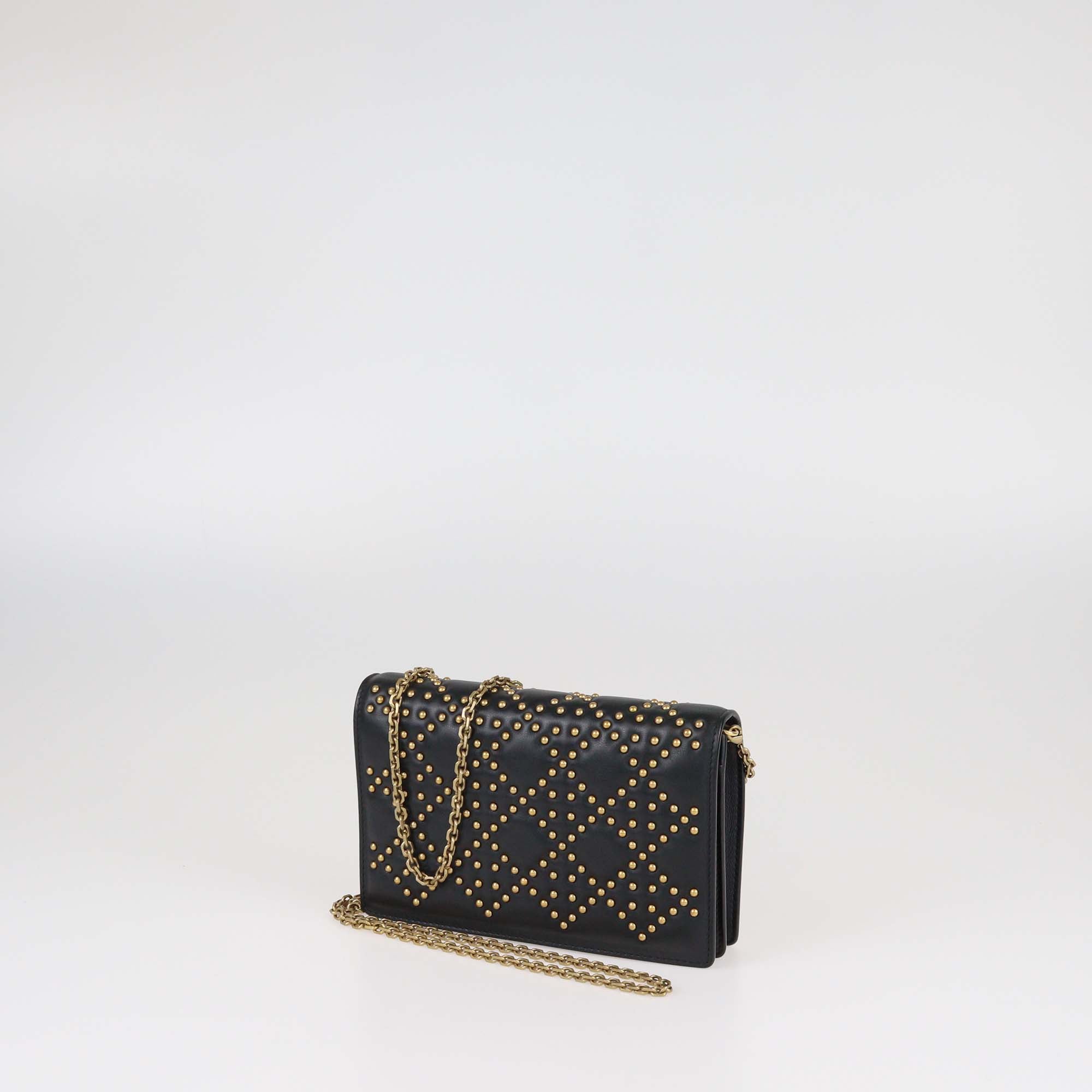 Christian Dior Black Studded Calfskin Cannage Lady Dior Wallet on Chain
