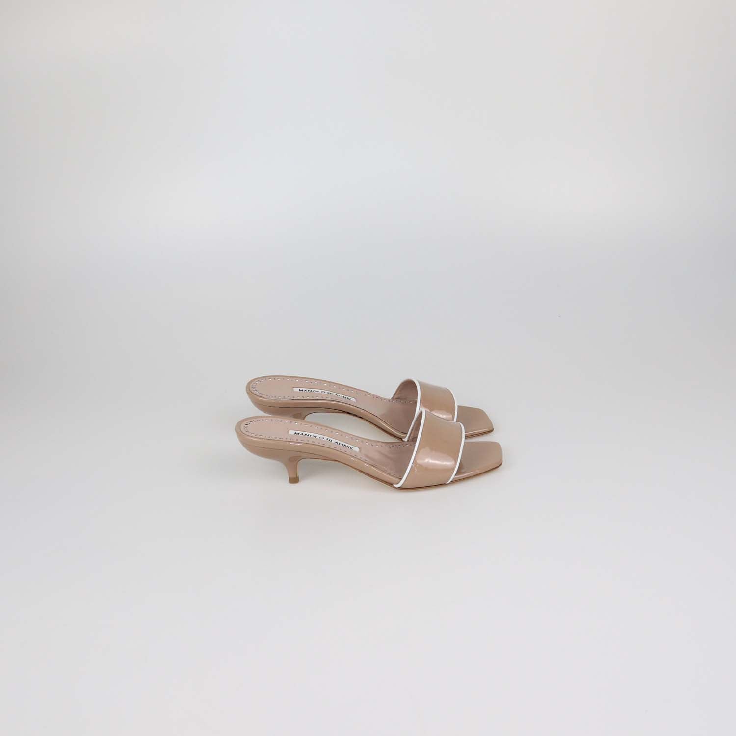 Manolo Blahnik Beige/White Patent Leather Helamu Sandals