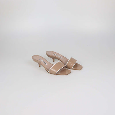 Manolo Blahnik Beige/White Patent Leather Helamu Sandals