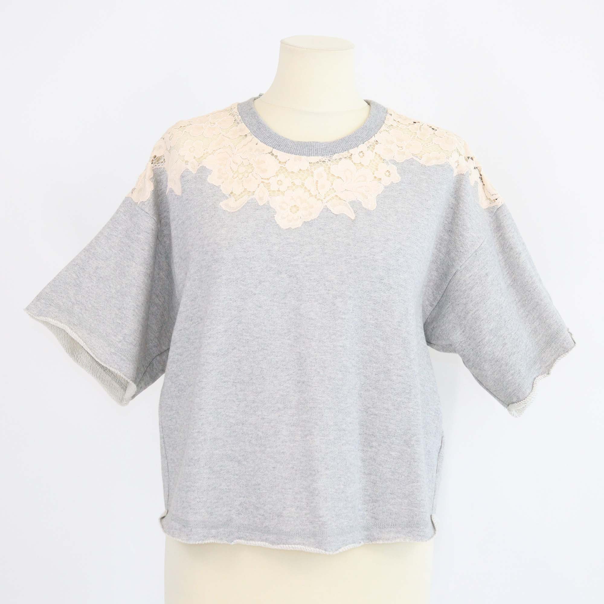 3.1 Phillip Lim Light Grey Cotton Floral Lace Trimmed Cropped Shirt