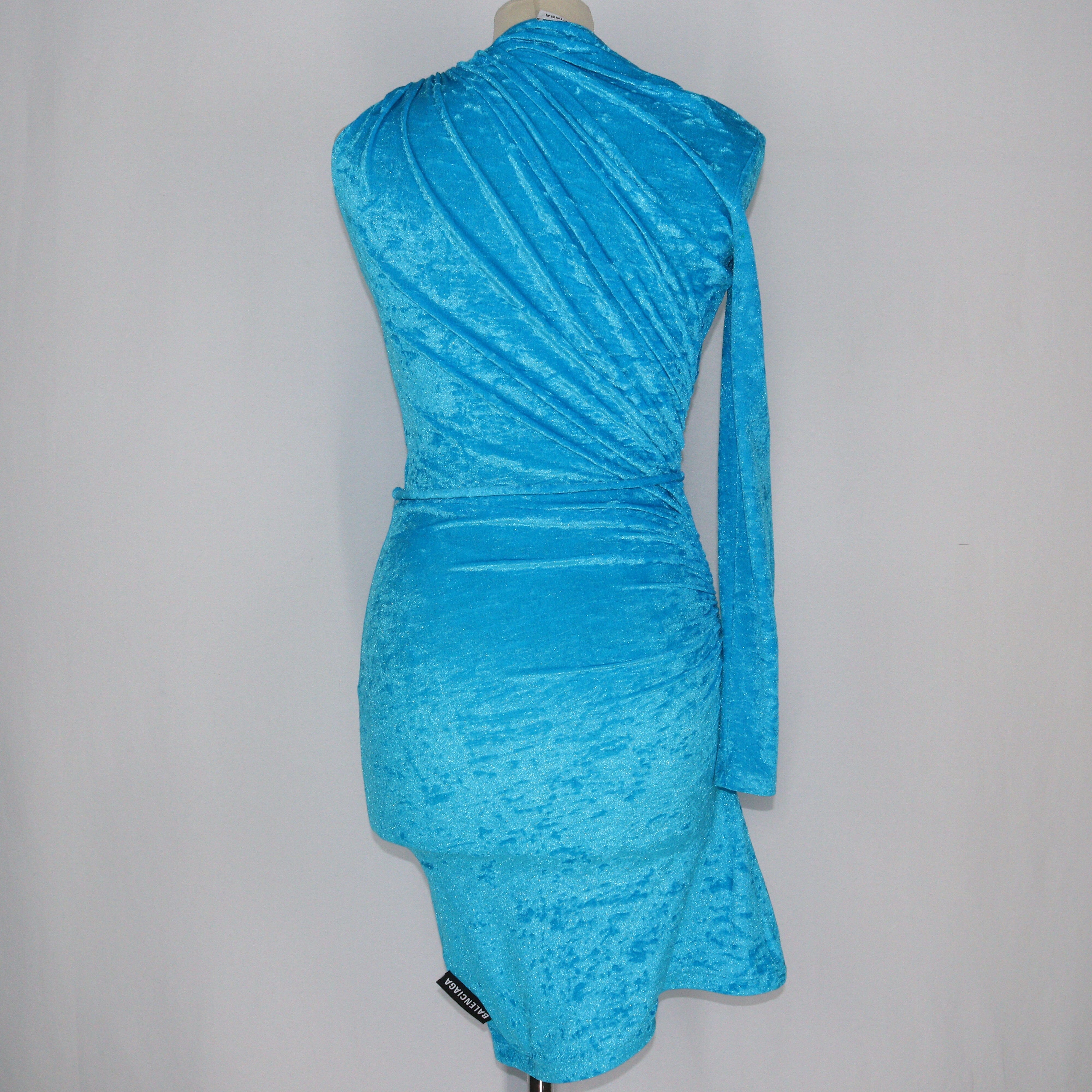 Blue Ruched Velvet One Shoulder Dress Clothings Balenciaga 