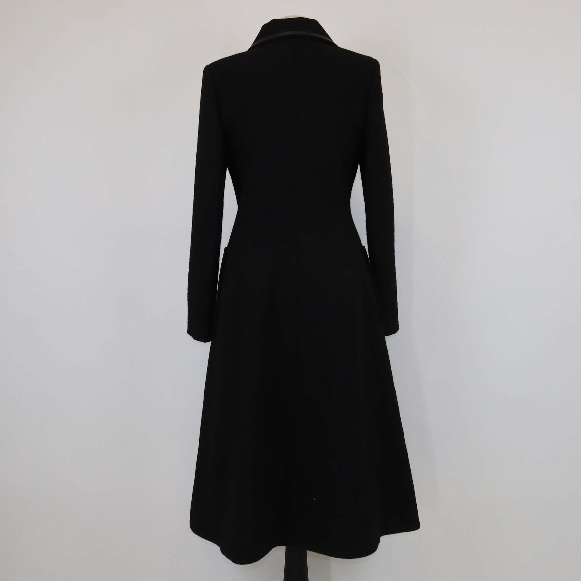 Loewe Black Wool Leather Trim Long Coat