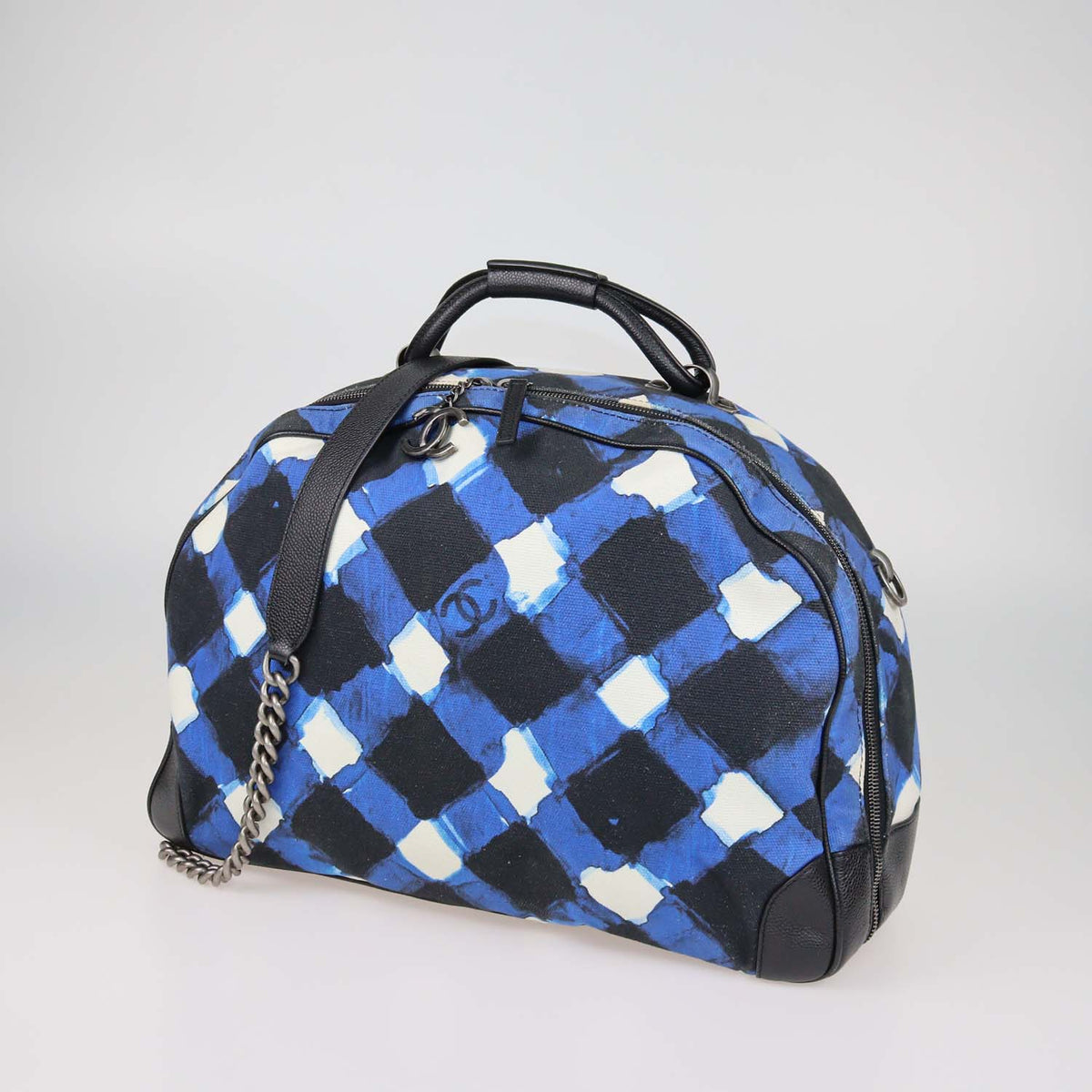 Chanel Blue, White Printed Canvas and Caviar Airlines Round Trip Bowling Bag