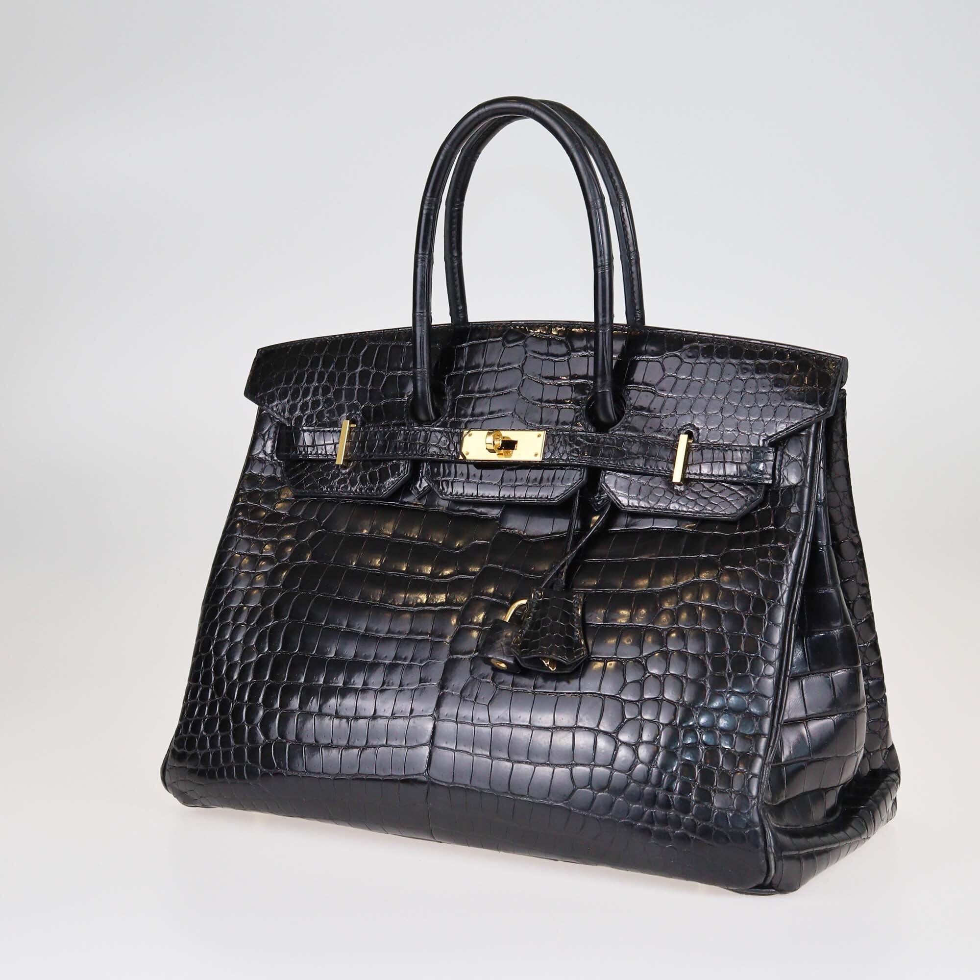 Hermes Black Shine Crocodile Gold Hardware Birkin 35 Bag Womens Hermes 