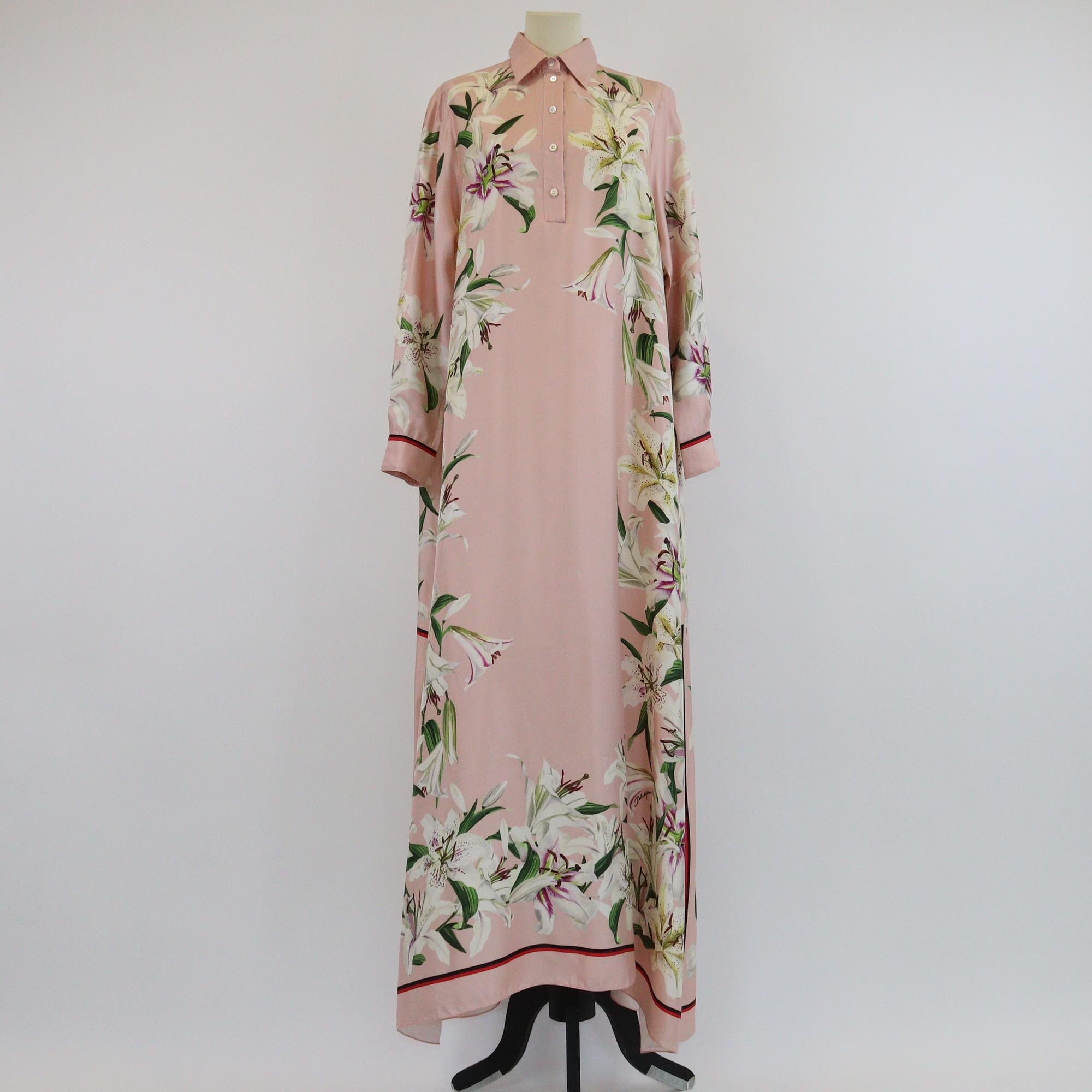 Dolce & Gabbana Pink Lily Printed Long Sleeve Tunic Maxi Dress Womens Dolce & Gabbana 