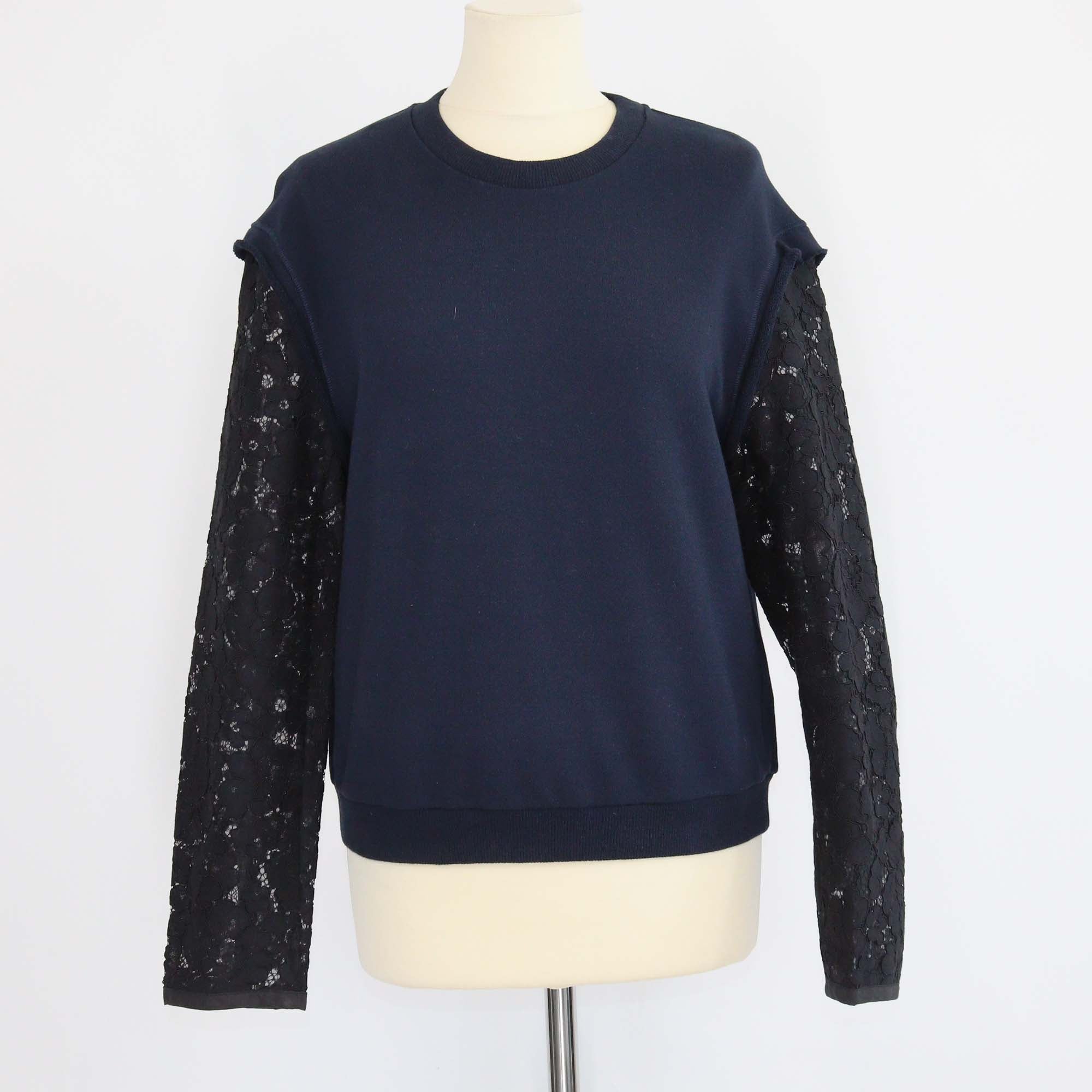3.1 Phillip Lim Navy Blue/Black Cotton Floral Lace Sleeves Sweatshirt