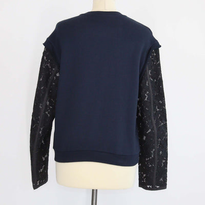 3.1 Phillip Lim Navy Blue/Black Cotton Floral Lace Sleeves Sweatshirt