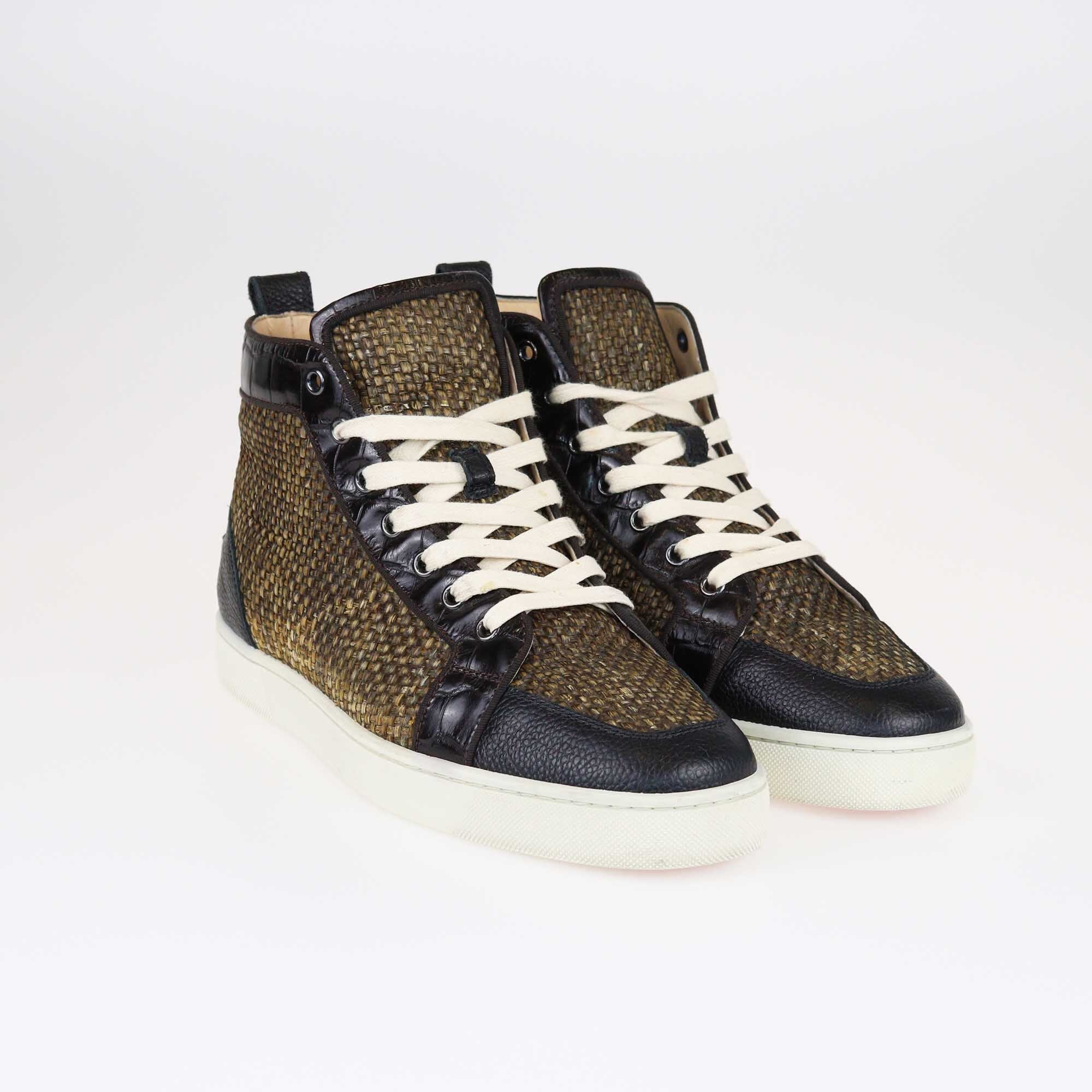 Christian Louboutin Black/Brown Raffia Rantus High Top Sneakers Shoes Christian Louboutin 