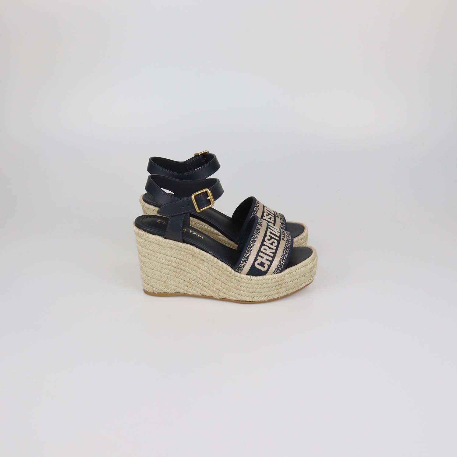 Christian Dior Navy Blue Canvas Dway Wedge Espadrille Sandals