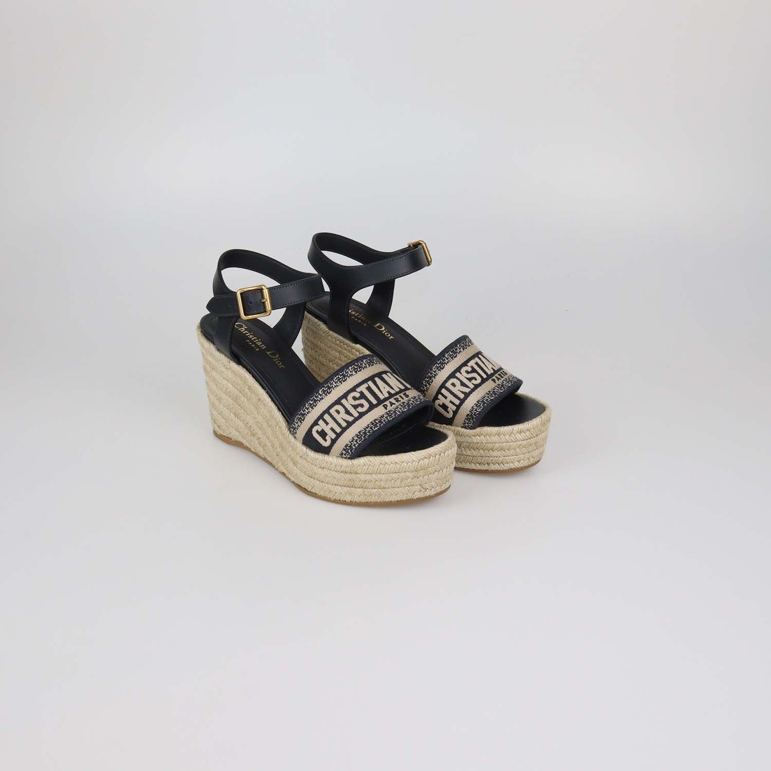 Christian Dior Navy Blue Canvas Dway Wedge Espadrille Sandals