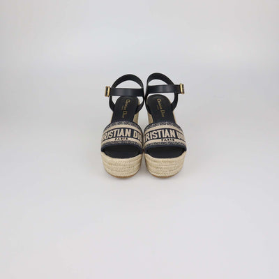 Christian Dior Navy Blue Canvas Dway Wedge Espadrille Sandals