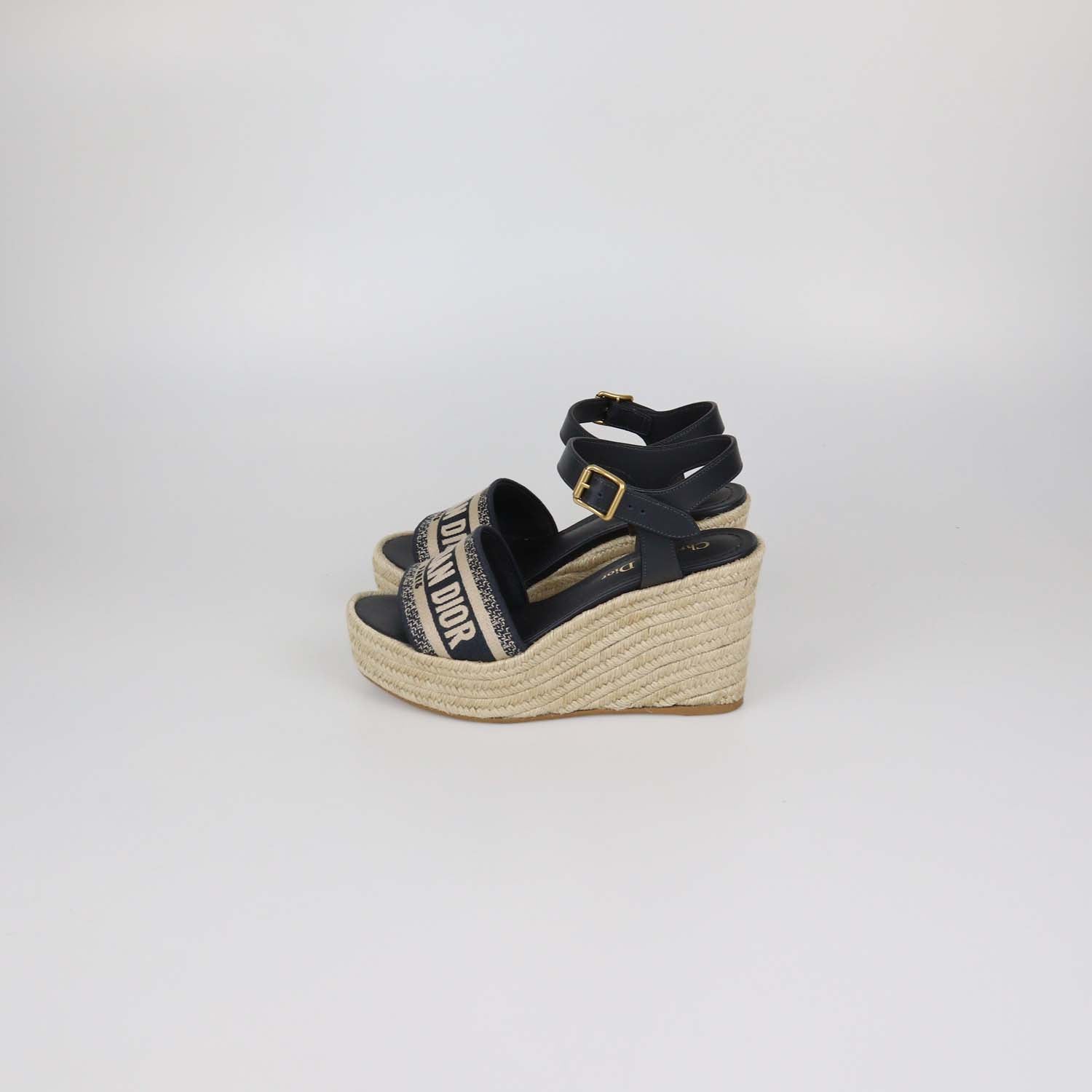 Christian Dior Navy Blue Canvas Dway Wedge Espadrille Sandals